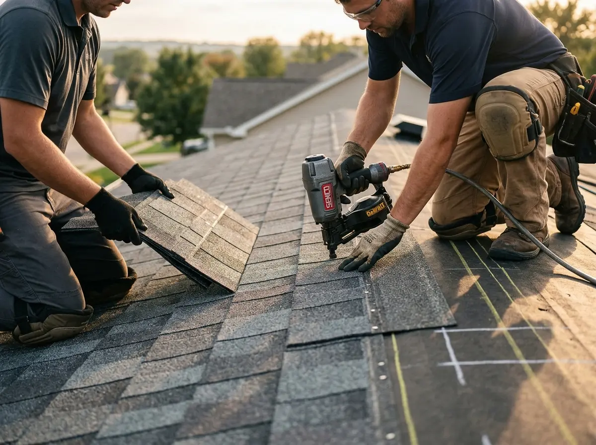 Professional roofer working on a residential roof in Garden City